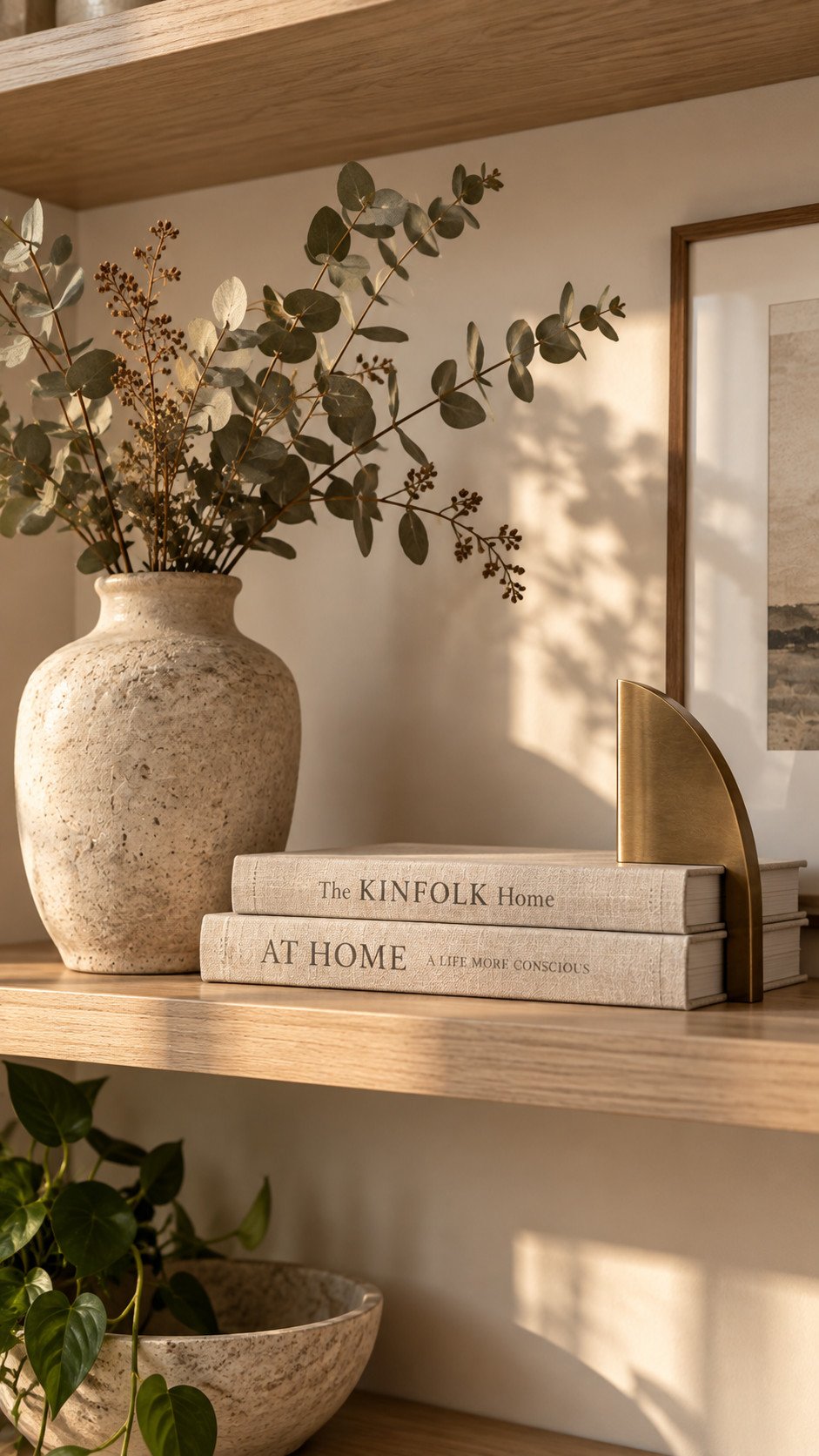 Curated decluttered shelf styling with fresh greenery