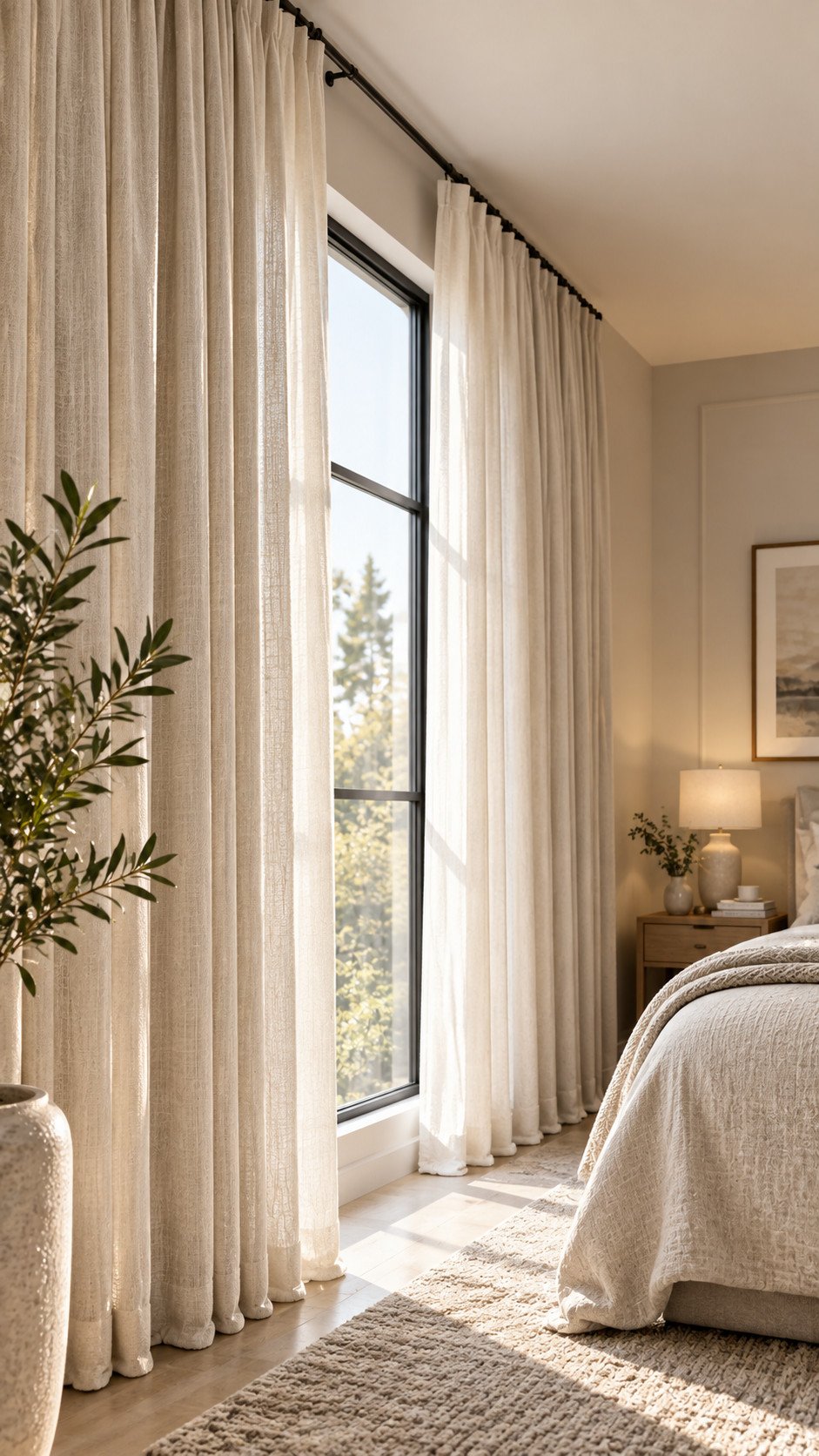 Floor-length curtains hung high and wide for an expensive home decor idea