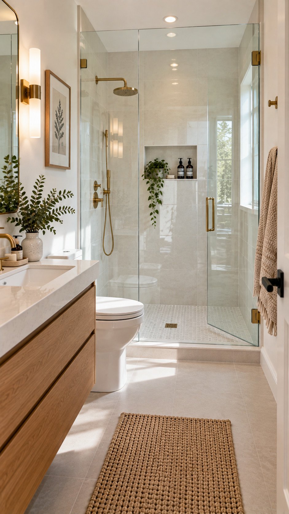 Frameless glass shower opening up a small bathroom