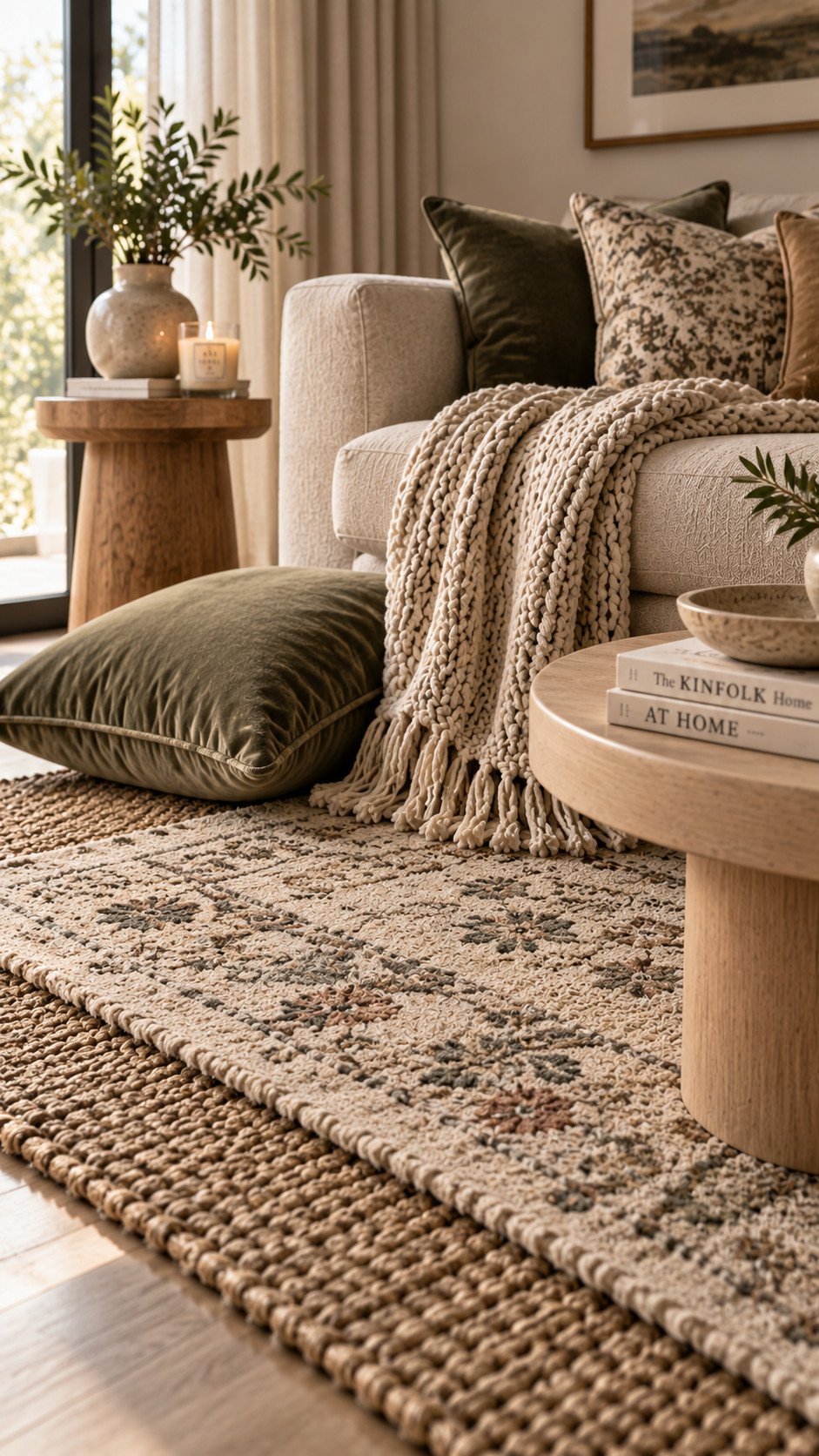 Layered rug, velvet cushions and wood textures for a luxury home decor look