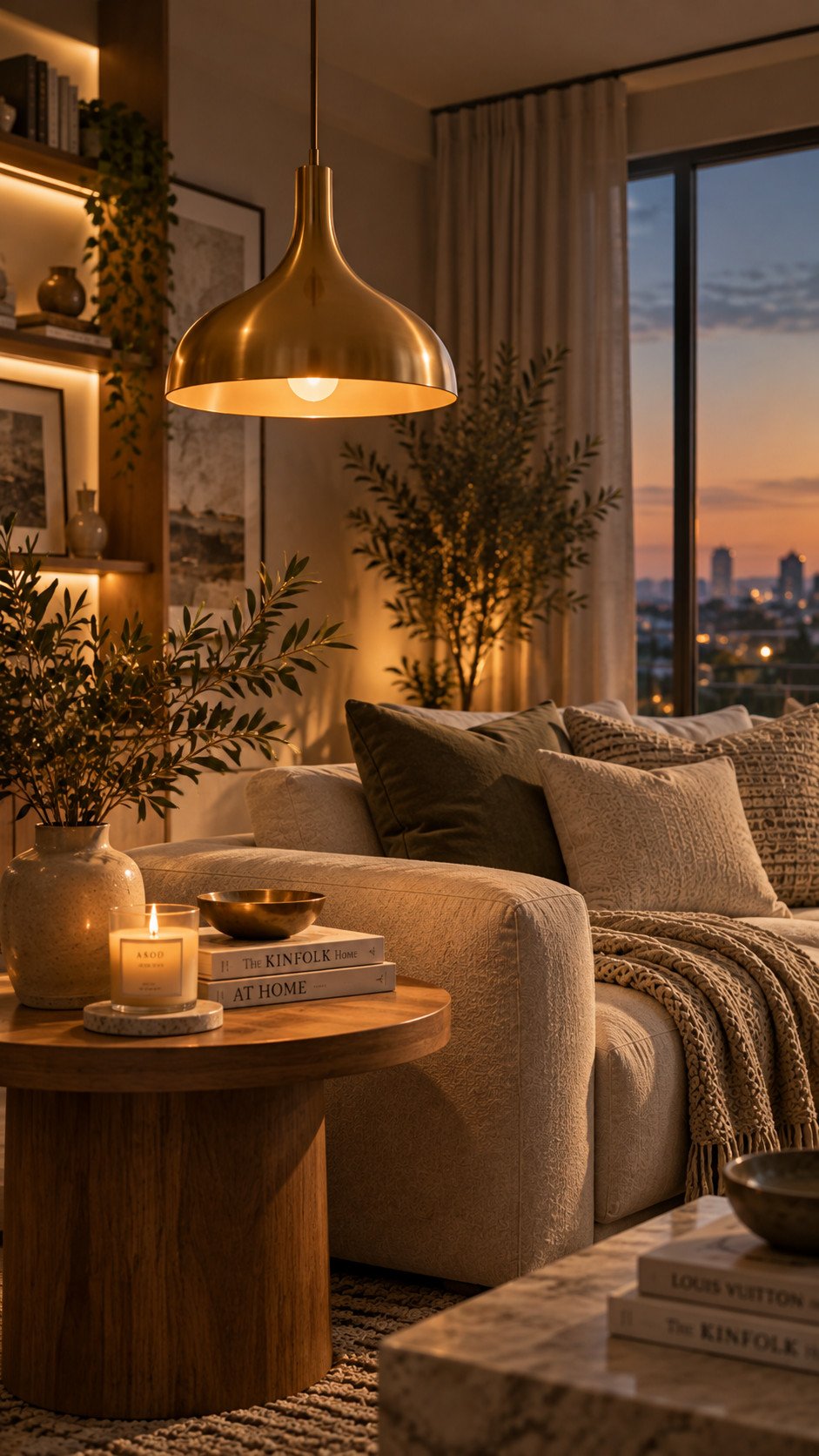 Statement pendant light adding luxury to a modern living room
