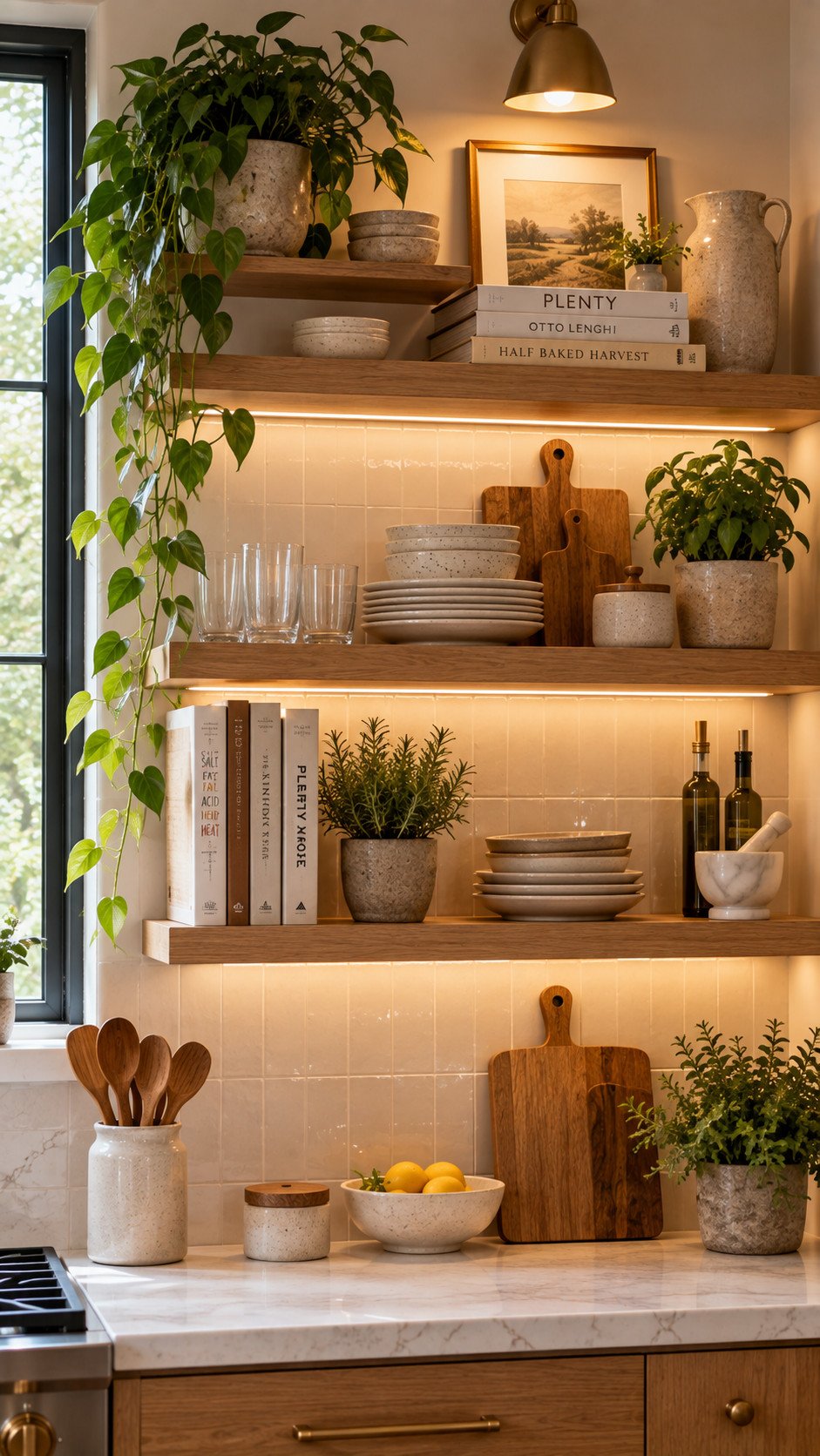 Styled open shelving kitchen decor idea